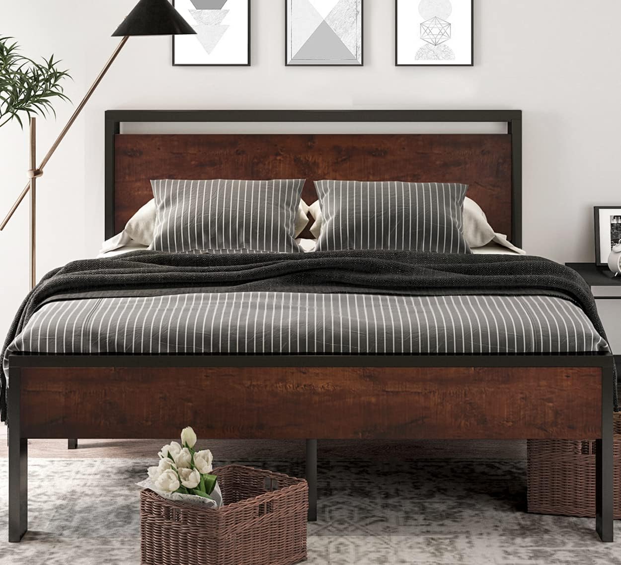 Mahogany 14 Inch QUEEN SIZE Metal Platform Bed Frame with Wooden Headboard and Footboard ...... Trackable Cuba Home Delivery Included.