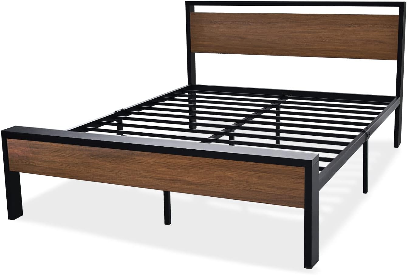 WALNUT 14 Inch FULL SIZE Metal Platform Bed Frame with Wooden Headboard and Footboard ...... Trackable Cuba Home Delivery Included