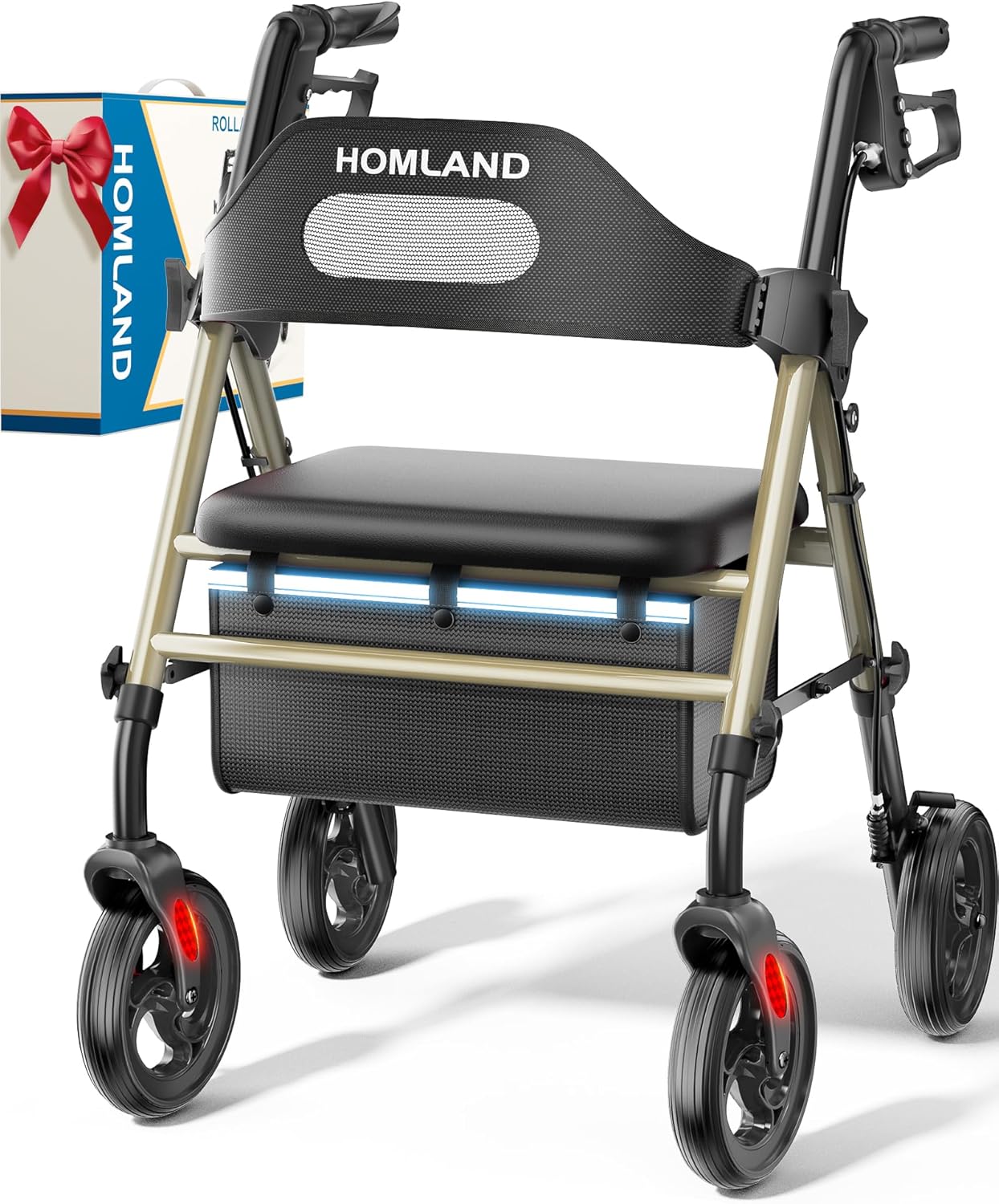 CHAMPAGNE - HOMLAND Rolling Walker with Seat, 8'' Wheels, 350 lb. Capacity, Adjustable Handles & Seat, Lightweight ... Trackable Cuba Home Delivery Included.