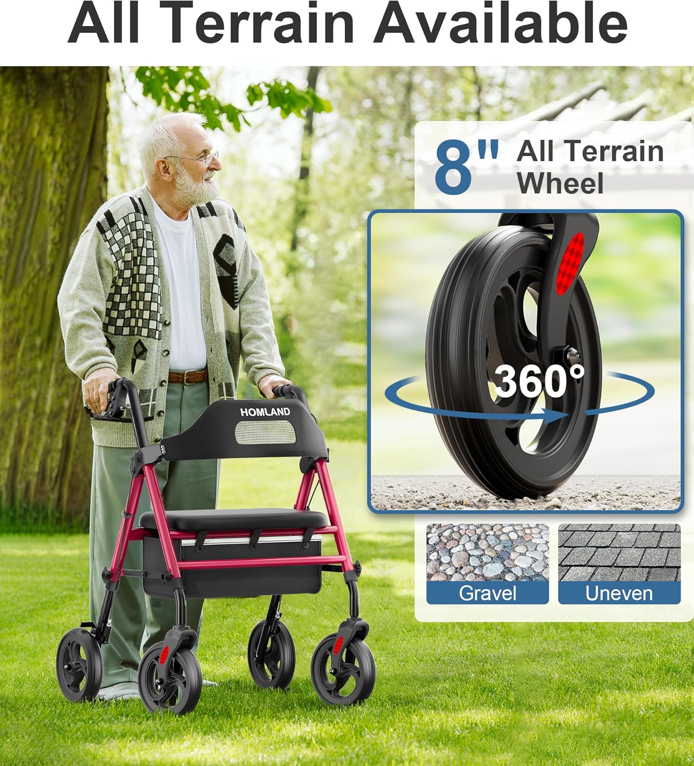 RED - HOMLAND Rolling Walker with Seat, 8'' Wheels, 350 lb. Capacity, Adjustable Handles & Seat, Lightweight ... Trackable Cuba Home Delivery Included.