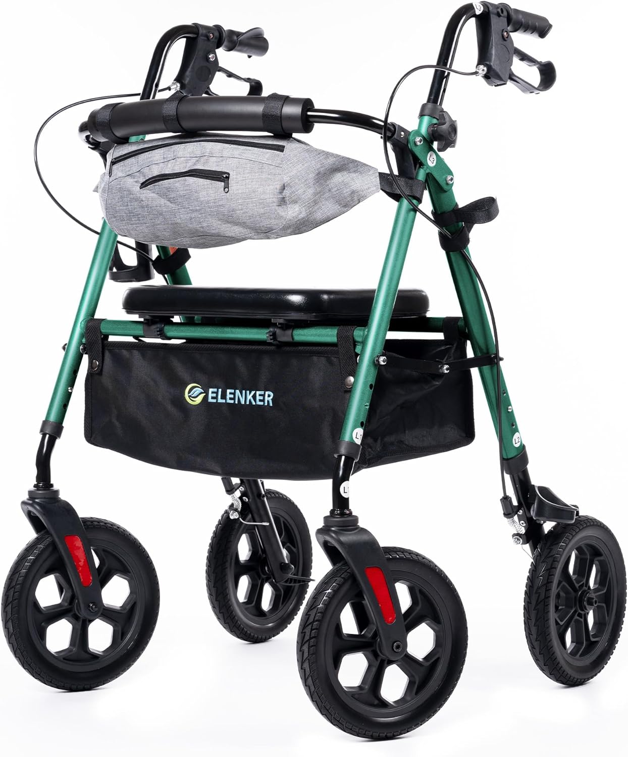 GREEN - All Terrain Rollator Walker with Seat, Foldable, 10” Solid Wheels, Front Pouch, Cup Holder, Adjustable, ELENKER ... Trackable Cuba Delivery Included.